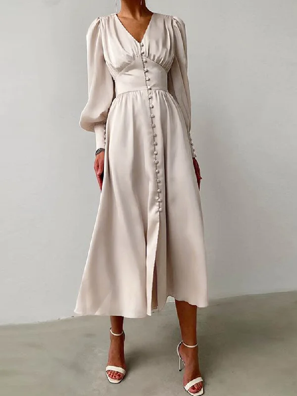 Satin Button Up V-neck Long Sleeve Elegant Women Maxi Dress Elegant Maxi Dress with Belt Satin Button Up V-neck Long Sleeve Elegant Women Maxi Dress Elegant Maxi Dress with Belt