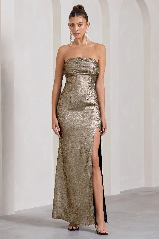 Showstopper | Gold Metallic Strapless Open-Back Split Maxi Dress Fashionable Asymmetrical Maxi Dress