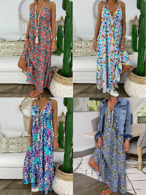 Sleeveless Straps Floral Print Elastic Waist Summer Holiday Long Women Maxi Dress Classic Tulle Maxi Dress
