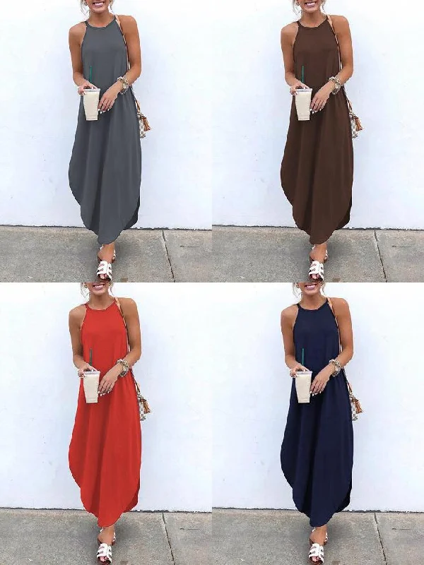 Sleeveless Straps High Low Hem Solid Causal Women Maxi Dress Classic A-Line Maxi Dress
