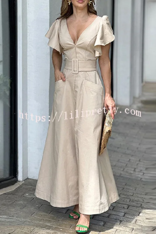 Solid Ruffle Sleeve V Neck High Waist Pocket Maxi Dress Cozy Knitted Maxi Dress