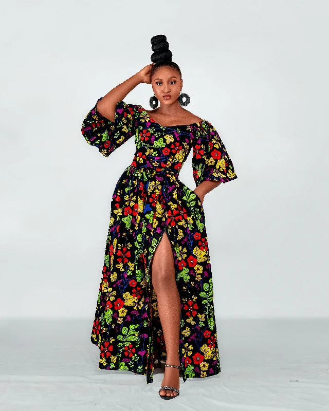 Tess Ankara Off Shoulder Maxi Dress | Green and Pink Multicolored African Print Cozy Ribbed Maxi Dress Tess Ankara Off Shoulder Maxi Dress | Green and Pink Multicolored African Print Cozy Ribbed Maxi Dress