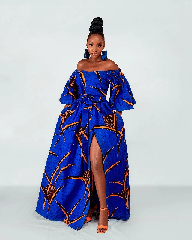Toni Ankara Off shoulder Maxi Dress | Blue and Orange African Print Comfortable Fit-and-Flare Maxi Dress