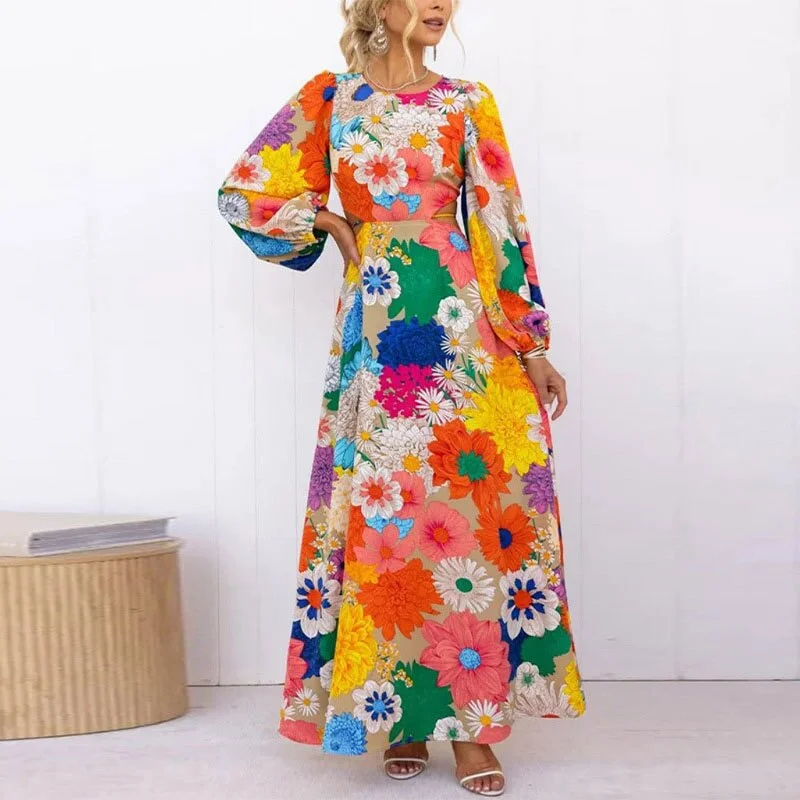 Vestidos Ladies Elegant Flower Print Sexy Slim Hollowed Out Bareback Maxi Dresses Autumn Women O-neck Lantern Sleeve Party Dress Elegant Pleated Maxi Dress Vestidos Ladies Elegant Flower Print Sexy Slim Hollowed Out Bareback Maxi Dresses Autumn Women O-neck Lantern Sleeve Party Dress Elegant Pleated Maxi Dress