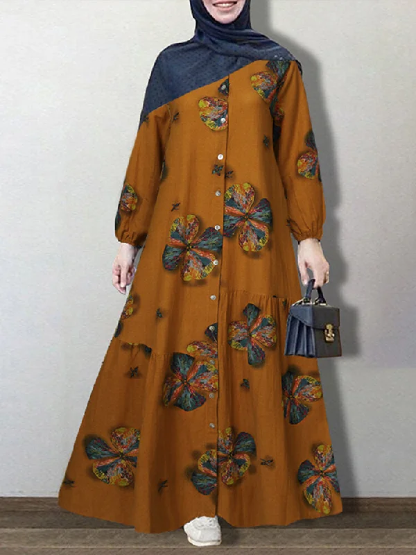 Vintage Floral Print Elastic Cuff Button Shirt Casual Women Maxi Dress Stylish Maxi Dress with Frills Vintage Floral Print Elastic Cuff Button Shirt Casual Women Maxi Dress Stylish Maxi Dress with Frills
