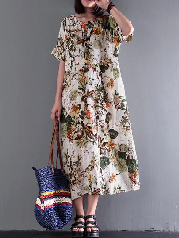 Vintage Retro Short Sleeve Cotton Floral Women Maxi Dress Chic Boho Print Maxi Dress Vintage Retro Short Sleeve Cotton Floral Women Maxi Dress Chic Boho Print Maxi Dress
