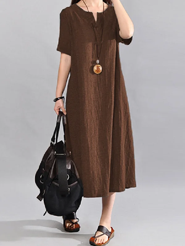 Vintage V Neck Short Sleeve Cotton Women Maxi Dress Stylish Pleated A-Line Maxi Dress Vintage V Neck Short Sleeve Cotton Women Maxi Dress Stylish Pleated A-Line Maxi Dress