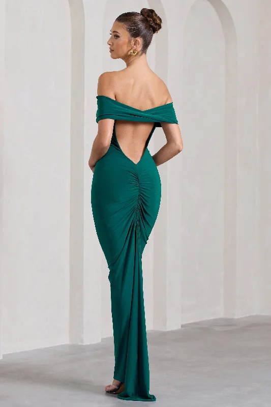 Vivienne | Bottle Green Bardot Open-Back Maxi Dress Cozy Maxi Dress with Slit