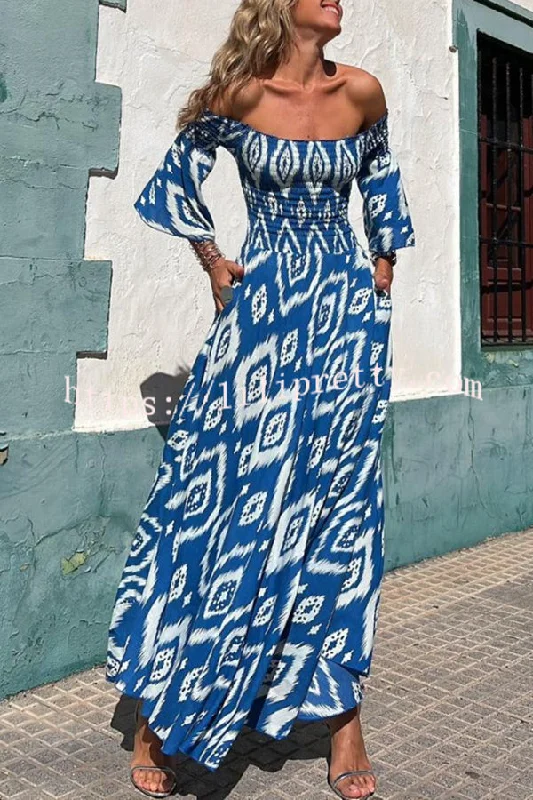 Lilipretty® Close To The Vacation Ethnic Print Smocked Off Shoulder Pocketed Maxi Dress Fashionable Sheer Maxi Dress Lilipretty® Close To The Vacation Ethnic Print Smocked Off Shoulder Pocketed Maxi Dress Fashionable Sheer Maxi Dress