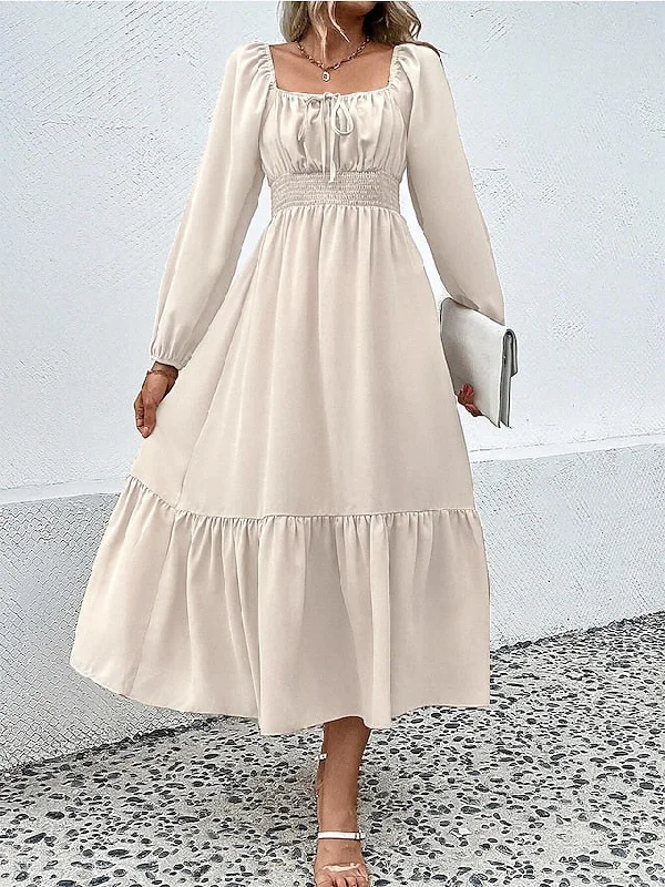 Women's Casual Dress Plain Dress Spring Dress Long Dress Maxi Dress Ruched Drawstring Street Daily Holiday Active Fashion Square Neck Long Sleeve 2023 Regular Fit Apricot Color S M L XL Size Trendy V-Neck Maxi Dress