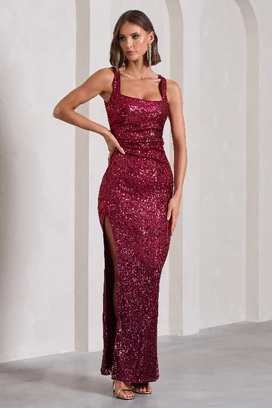 Yvonne | Plum Sequin Open-Back Bodycon Maxi Dress Chic Sleeveless Maxi Dress