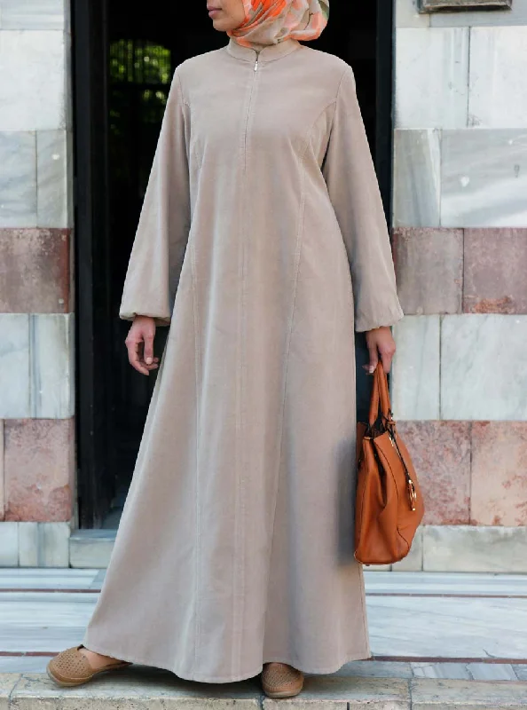 Zipped Neckline Corduroy Maxi Dress Trendy A-Line Maxi Dress