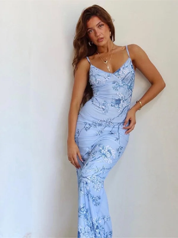 Zjkrl Sleeveless Floral Print Suspender Dress Women Fashion V-neck Slim Maxi Dresses 2023 Summer Chic Female Beach Party Club Robe Stylish V-Neck Maxi Dress
