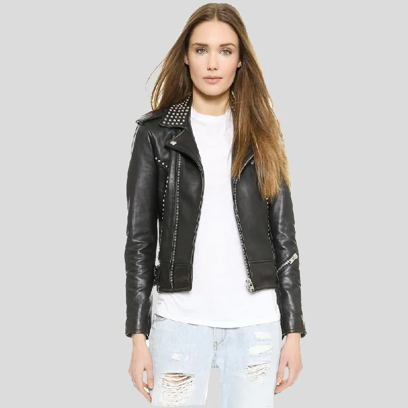Amia Black Studded Leather Jacket Rayon Fabric Velvet Fabric Corduroy Fabric