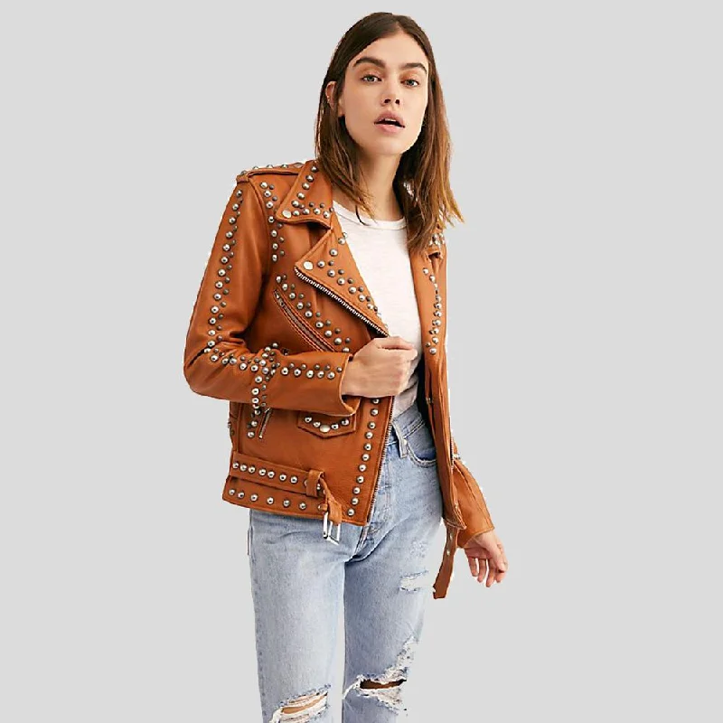 Avail Tan Studded Leather Jacket Cotton Jacket Linen Jacket Terry Jacket