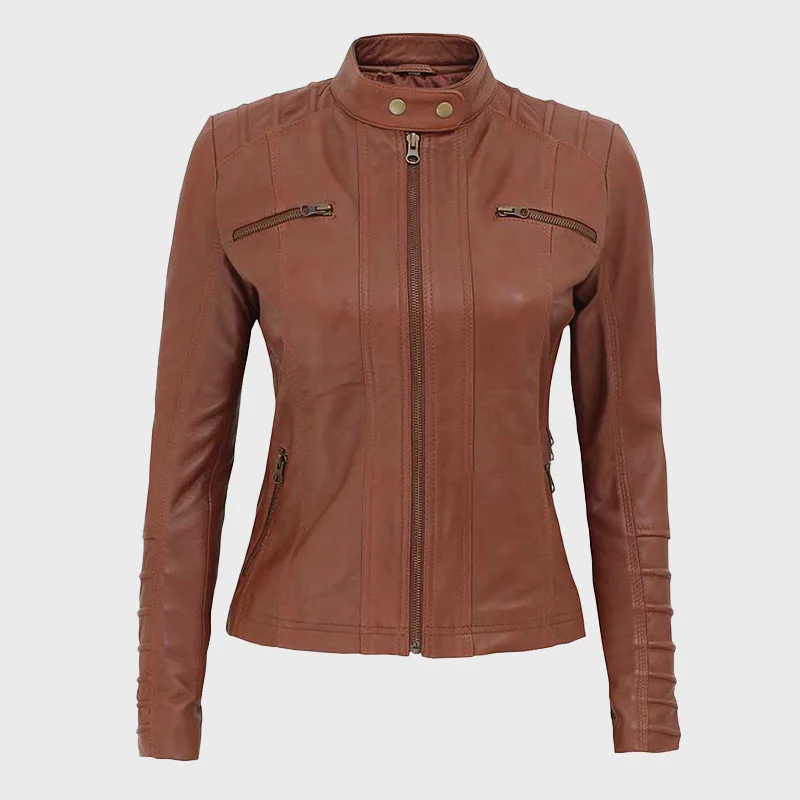 Aversa Women's Tan Quilted Biker Leather Jacket Zippered Jacket Buttoned Jacket Snapped Jacket Aversa Women's Tan Quilted Biker Leather Jacket Zippered Jacket Buttoned Jacket Snapped Jacket