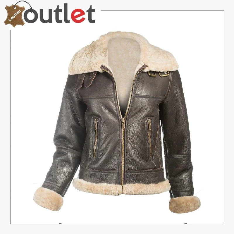 B3 Bomber Sheepskin Women Leather Jacket A-Line Jacket Boat Neck Shawl Collar