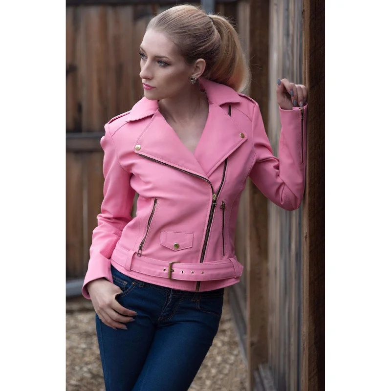 Becca Womens Pink Leather Jacket Cotton Fabric Linen Fabric Terry Fabric