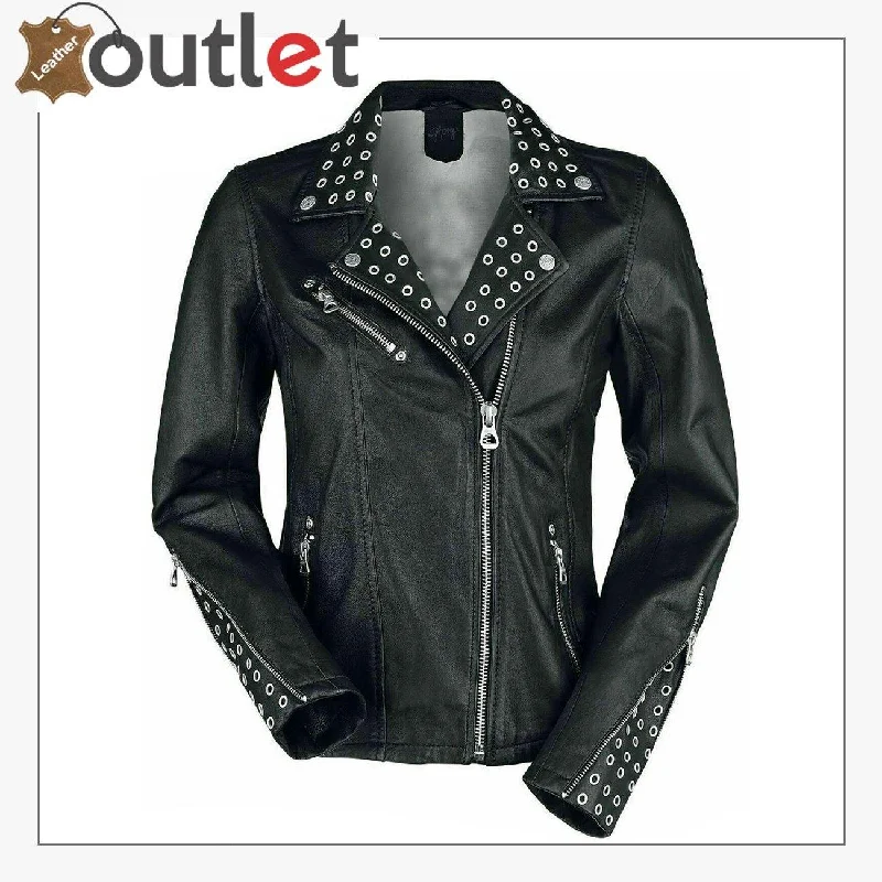 Black Classic Rounded Silver Studded Zip Leather Jacket A-Line Jacket Boat Neck Shawl Collar Black Classic Rounded Silver Studded Zip Leather Jacket A-Line Jacket Boat Neck Shawl Collar