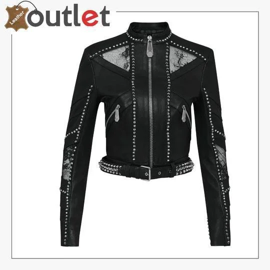 Black Lambskin Spike-Studded Biker Jacket Cardigan Sweater Pullover