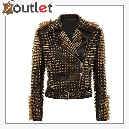 Black Leather Golden Spike Studded Punk Style Biker Jacket Tailored Jacket Straight Jacket A-Line Jacket Black Leather Golden Spike Studded Punk Style Biker Jacket Tailored Jacket Straight Jacket A-Line Jacket