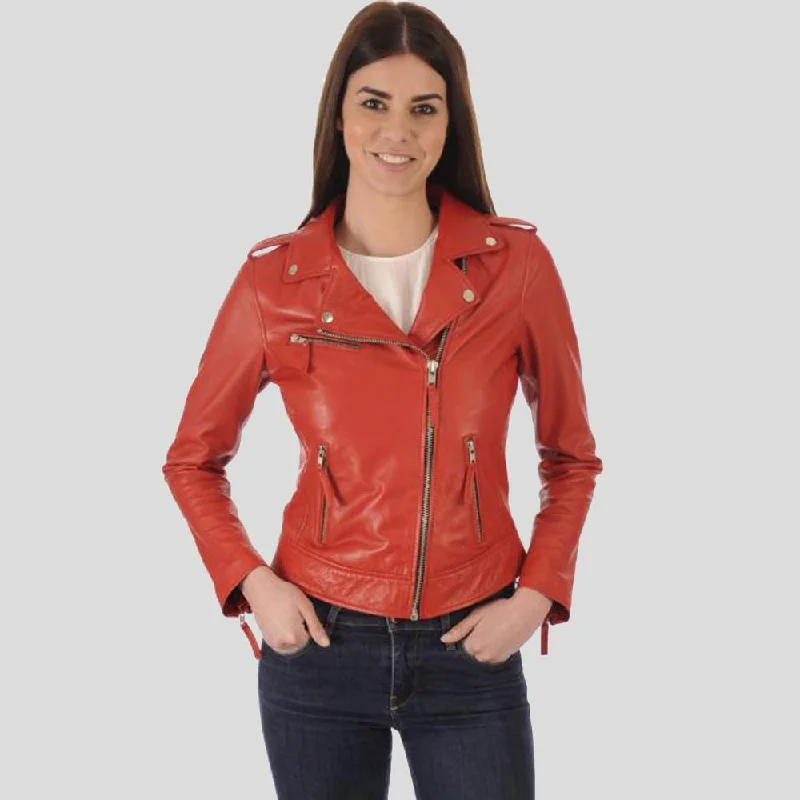 Callie Red Biker Leather Jacket A-Line Jacket Boat Neck Shawl Collar