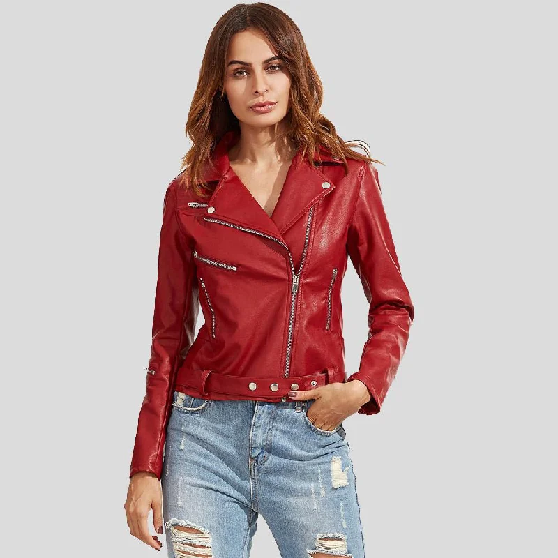 Diana Red Biker Leather Jacket Insulated Jacket Fitted Jacket Loose Jacket