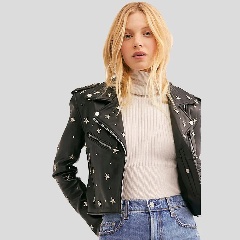 Eva Black Studded Leather Jacket Denim Fabric Leather Fabric Suede Fabric