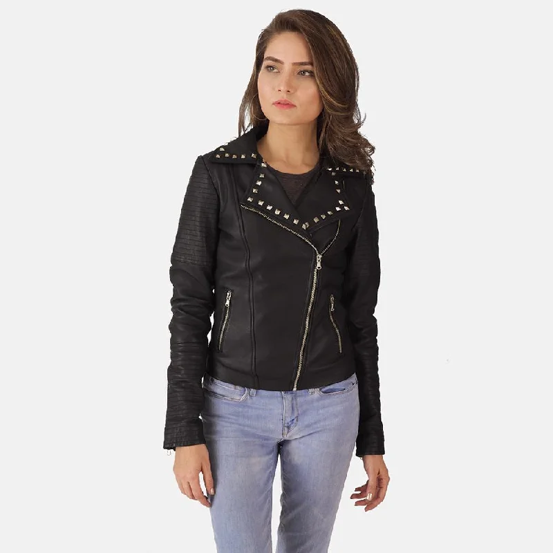 Express Sally Mae Studded Black Leather Biker Jacket for Women Snapped Jacket Toggled Jacket Drawstring Jacket Express Sally Mae Studded Black Leather Biker Jacket for Women Snapped Jacket Toggled Jacket Drawstring Jacket