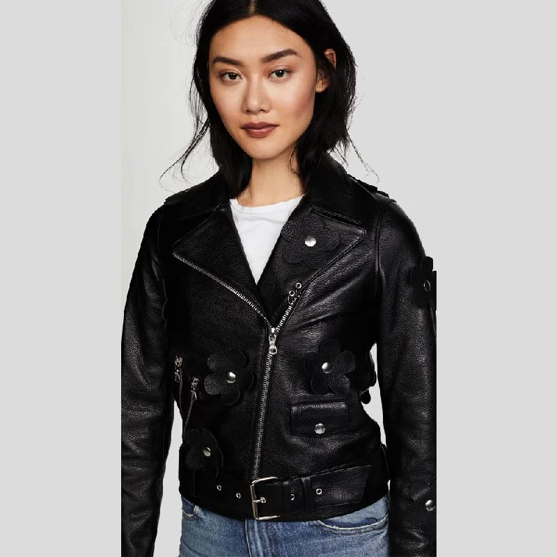 Florence Black Biker Leather Jacket Zippered Front Buttoned Front Snap Front