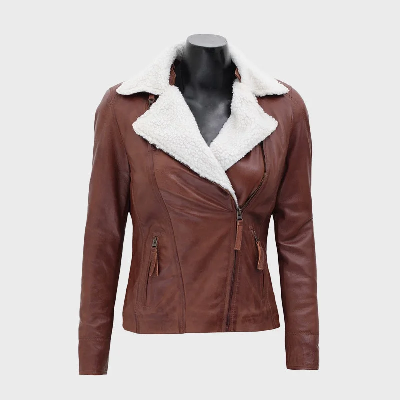 Gela Waxed Brown Leather Jacket with White Fur Collar Hooded Jacket Caped Jacket Shawl Collar Jacket