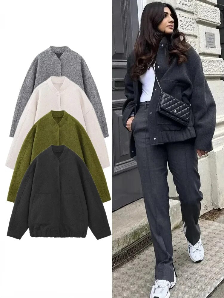 Getadme Women's New Pocket Decorative Hidden Button Loose Versatile Oversized Bomber Jacket Round Neck Long Sleeve Casual Top Coats Denim Fabric Leather Fabric Suede Fabric Getadme Women's New Pocket Decorative Hidden Button Loose Versatile Oversized Bomber Jacket Round Neck Long Sleeve Casual Top Coats Denim Fabric Leather Fabric Suede Fabric