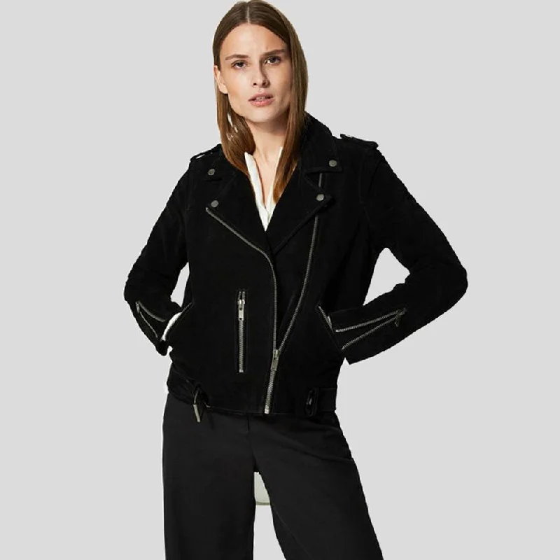 Gracie Black Suede Biker Leather Jacket Bomber Jacket Anorak Windbreaker