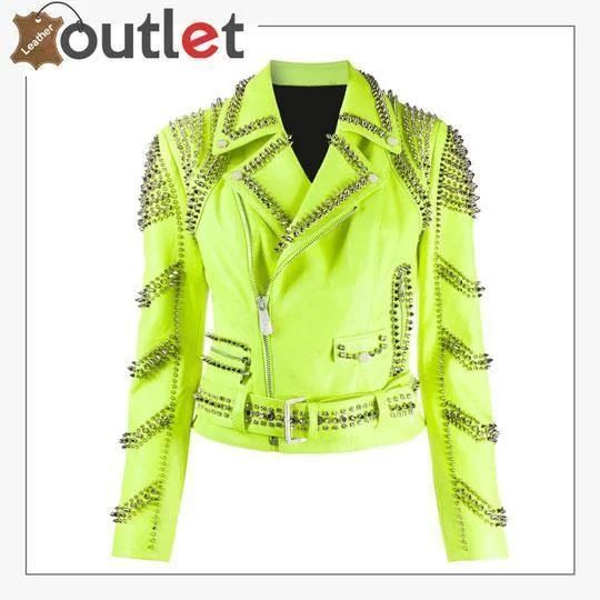 Green Leather Studded Biker Jacket Zippered Front Buttoned Front Snap Front