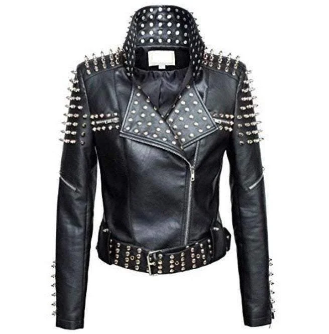 Handmade Women Black Punk Silver Spiked Studded Leather Biker Jacket Satin Jacket Silk Jacket Chiffon Jacket Handmade Women Black Punk Silver Spiked Studded Leather Biker Jacket Satin Jacket Silk Jacket Chiffon Jacket