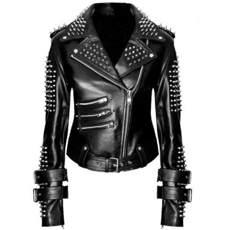 Handmade Women Black Punk Silver Spiked Studded Leather Biker Jacket Front Pockets Side Pockets Patch Pockets Handmade Women Black Punk Silver Spiked Studded Leather Biker Jacket Front Pockets Side Pockets Patch Pockets