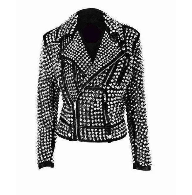 Handmade Women Rock Star All over Silver Studded Cowhide Leather Jacket Hoodie Zip-Up Jacket Button-Up Jacket Handmade Women Rock Star All over Silver Studded Cowhide Leather Jacket Hoodie Zip-Up Jacket Button-Up Jacket