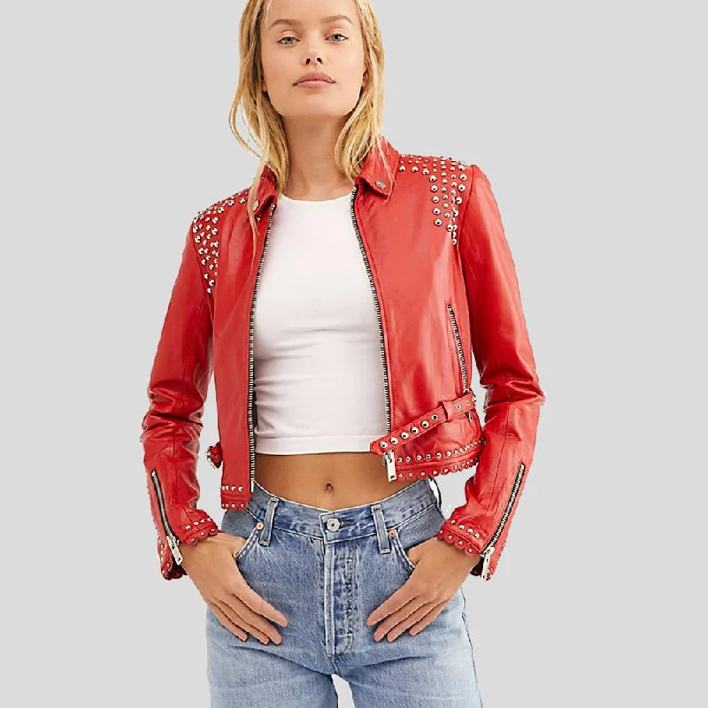 Isabel Red Studded Leather Jacket Elasticated Jacket Padded Jacket Insulated Jacket
