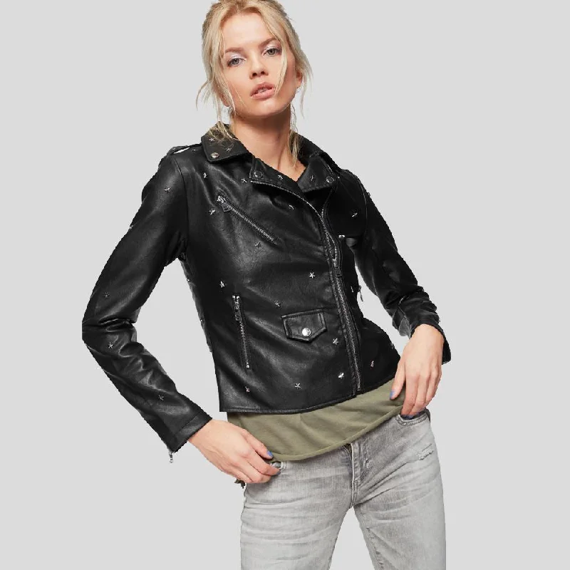 Isla Black Studded Leather Jacket Zip Front Button Front Snap Front