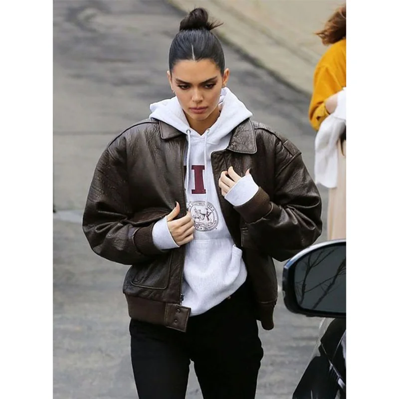 Kendall Jenner Real Leather Jacket Brown Zippered Jacket Buttoned Jacket Snapped Jacket Kendall Jenner Real Leather Jacket Brown Zippered Jacket Buttoned Jacket Snapped Jacket