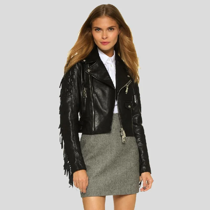 Kiana Black Biker Fringes Leather Jacket Wool Jacket Cashmere Jacket Tweed Jacket