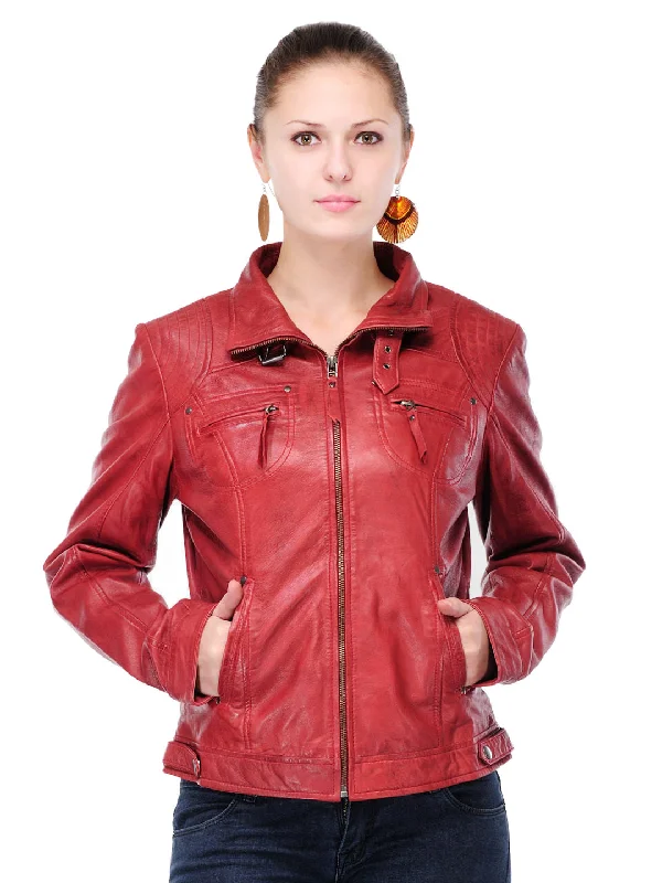 Leathers Women Red Leather Jacket Boat Neck Shawl Collar Notched Collar