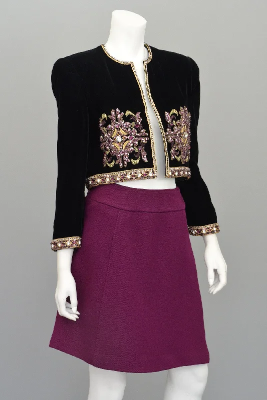 Mary McFadden Plum Velvet Beaded Cropped Evening Jacket Front Pockets Side Pockets Patch Pockets Mary McFadden Plum Velvet Beaded Cropped Evening Jacket Front Pockets Side Pockets Patch Pockets