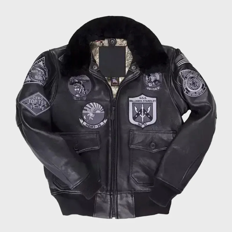 Men’s Black Top Gun Bomber Leather Jacket Fleece Jacket Down Jacket Feather Jacket