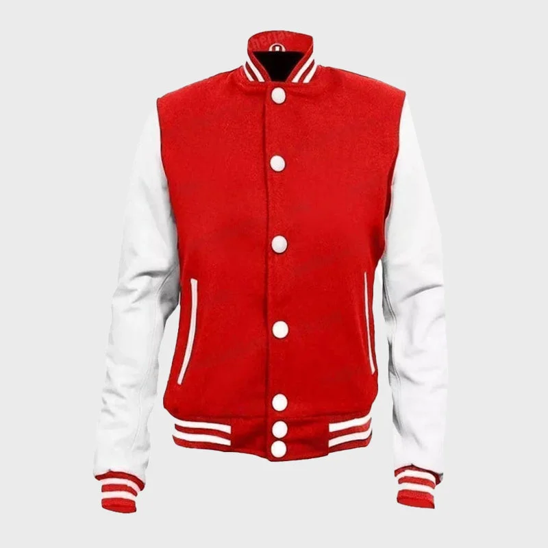 Men's Red And White Varsity Jacket Toggled Jacket Drawstring Jacket Belted Jacket