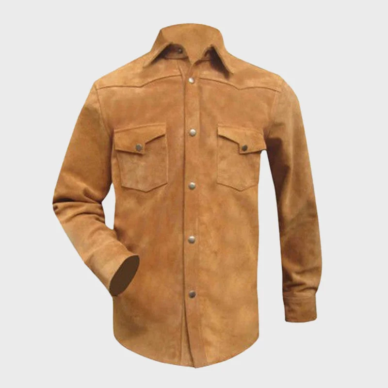Men's Brown Suede Leather Shirt Jacket Mesh Jacket Canvas Jacket Denim Jacket