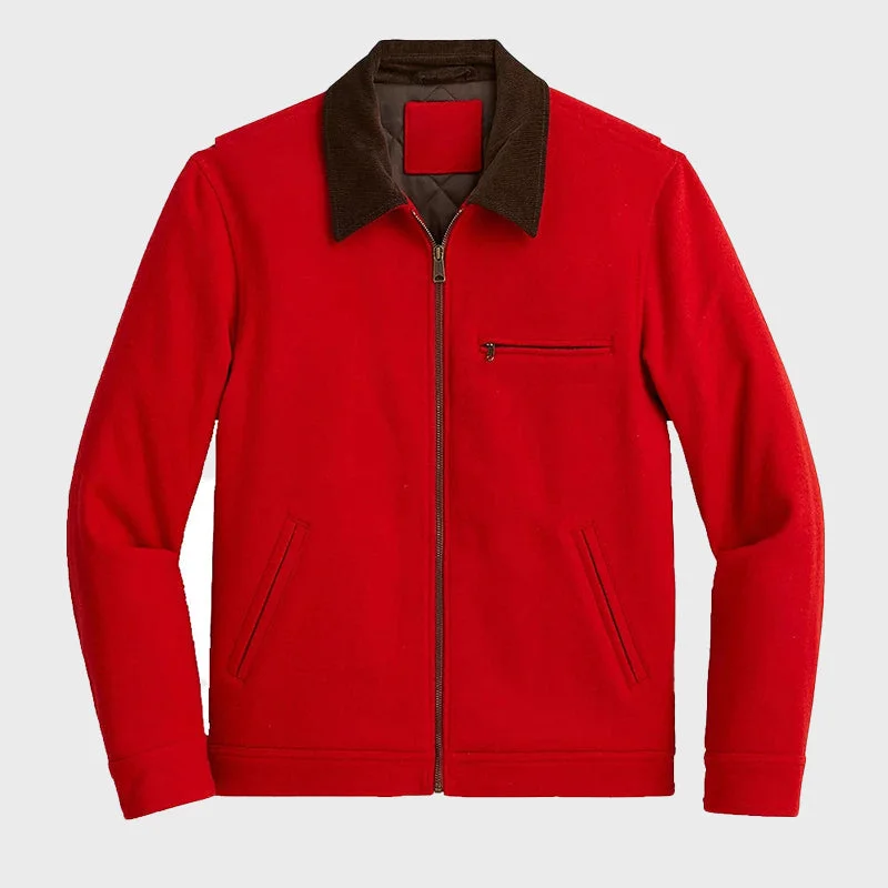 Men's Red Wool Jacket Zip Front Button Front Snap Front