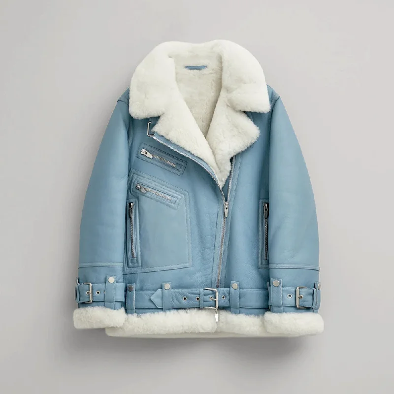 New Women Light Blue Aviator Styled Shearling Sheepskin Leather Jacket Mesh Jacket Canvas Jacket Denim Jacket