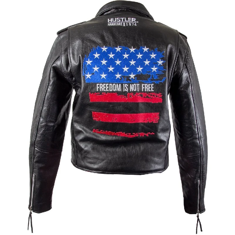 Hustler Ladies HSL-800 'Freedom Is Not Free" Vintage Leather Motorcycle Jacket Zip Front Button Front Snap Front Hustler Ladies HSL-800 'Freedom Is Not Free" Vintage Leather Motorcycle Jacket Zip Front Button Front Snap Front