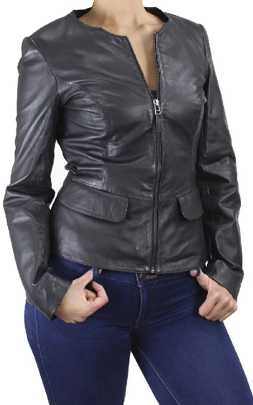 Paullete Collarless Women's Black Zip Leather Jacket Welt Pockets Slit Pockets Flap Pockets Paullete Collarless Women's Black Zip Leather Jacket Welt Pockets Slit Pockets Flap Pockets